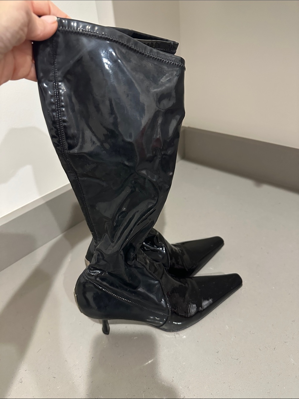 Donal Pliner Black Patent Knee-High Pointed-Toe Heeled Boots